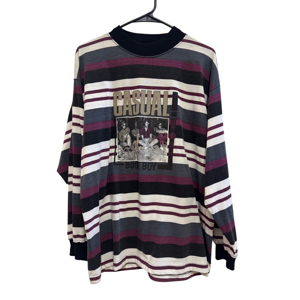 Vintage Bugle Boy Mens Long Sleeve Striped Graphic Shirt 90s Casual Burgundy M
